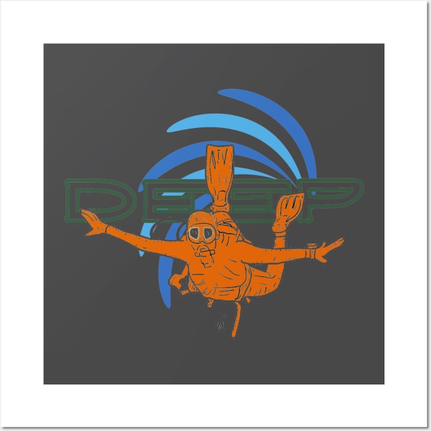 Deep silhouette of a scuba diver in an orange suit Wall Art by PopArtyParty